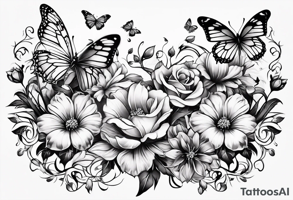An arm with a single black floral vine wrapped around below the elbow and a bunch of butterflies around it tattoo idea