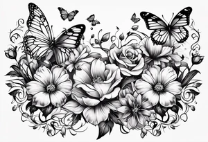 An arm with a single black floral vine wrapped around below the elbow and a bunch of butterflies around it tattoo idea