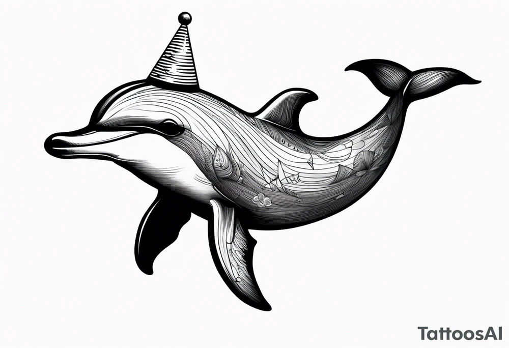 One dolphin wearing a party hat. Side view. Dolphin should be smiling. tattoo idea