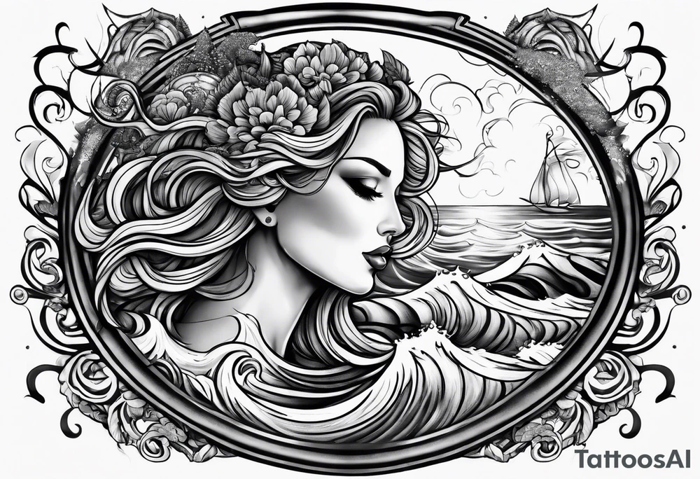 goddess, stormy sea, full length tattoo idea