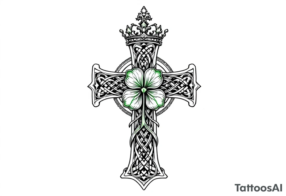 Celtic cross tattoo featuring intricate knotwork patterns along the arms and base of the cross. At the heart of the cross, place a vibrant four-leaf clover, its leaves shaded with subtle gradients of green, symbolizing luck and unity. Above the cross, incorporate a regal crown adorned with ornate details, such as small gemstones or filigree, to signify authority and strength. Behind the cross add some tree of life elements and celtic knots tattoo idea