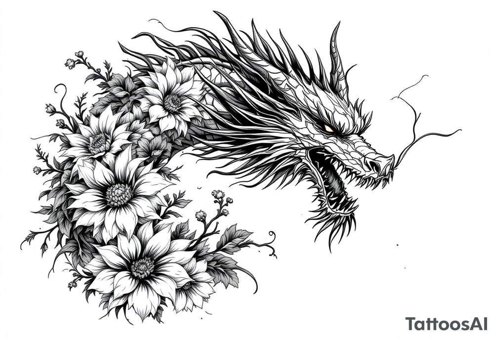 majestic dragon with flowers tattoo idea