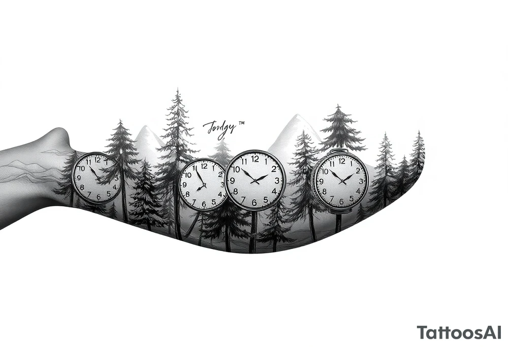 Forest landscape with three clocks with dates tattoo idea