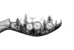 Forest landscape with three clocks with dates tattoo idea