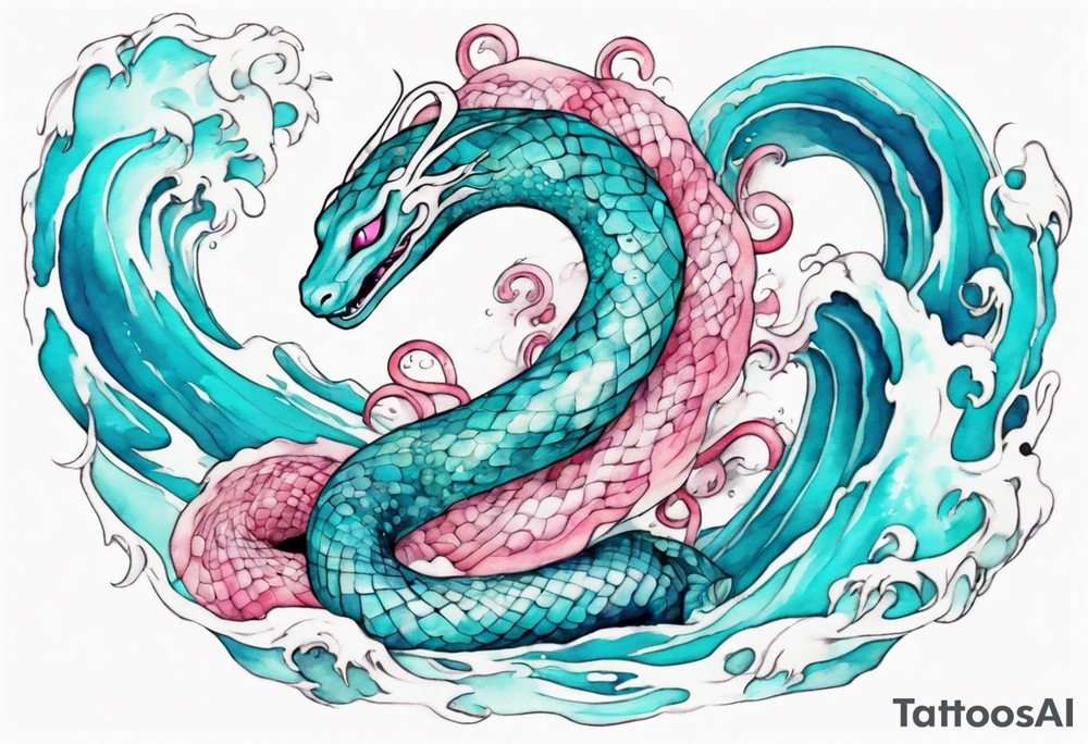 a pretty turquoise pink and white serpent rising from the blue waves of the ocean tattoo idea