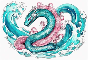 a pretty turquoise pink and white serpent rising from the blue waves of the ocean tattoo idea