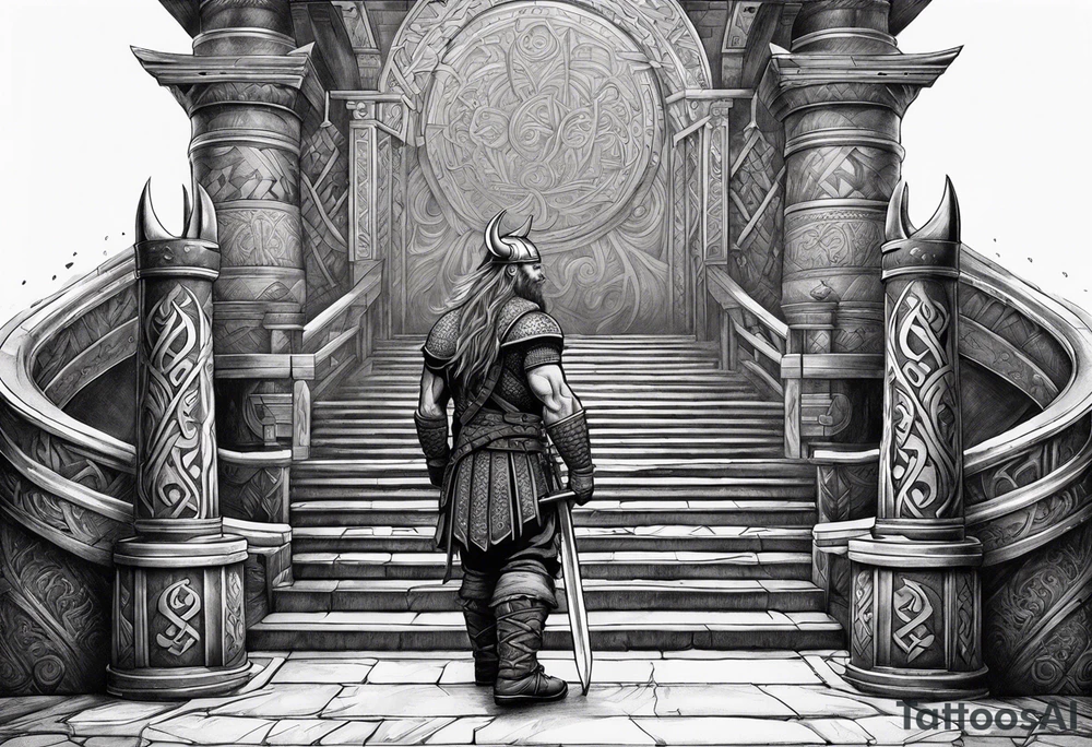 A Viking standing in front of the stairs to the gate to the valhalla. tattoo idea