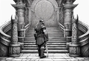 A Viking standing in front of the stairs to the gate to the valhalla. tattoo idea