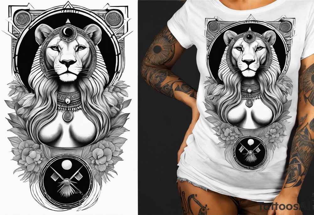Full body from head to toe of Ancient Egyptian goddess sekhmet, lioness head with black sun disk above her head and woman's body. She looks straight ahead and ready for battle looking fearless and powerful holding an ankh in one hand and a papyrus sceptre in another, she has long hair flowing tattoo idea