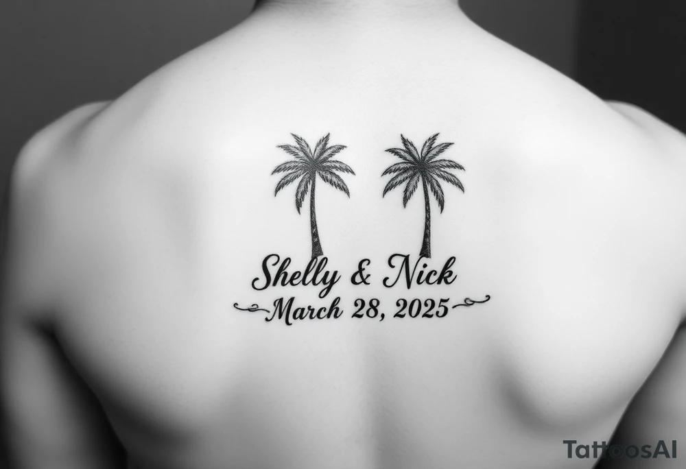 Shelly + Nick with date March 28 2025 with palm trees and hearts tattoo idea