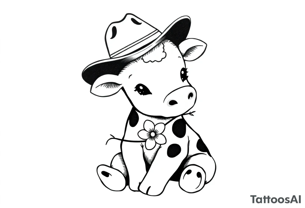 cute black and white baby cow sitting wearing a cowboy hat with a flower in mouth tattoo idea