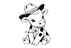 cute black and white baby cow sitting wearing a cowboy hat with a flower in mouth tattoo idea