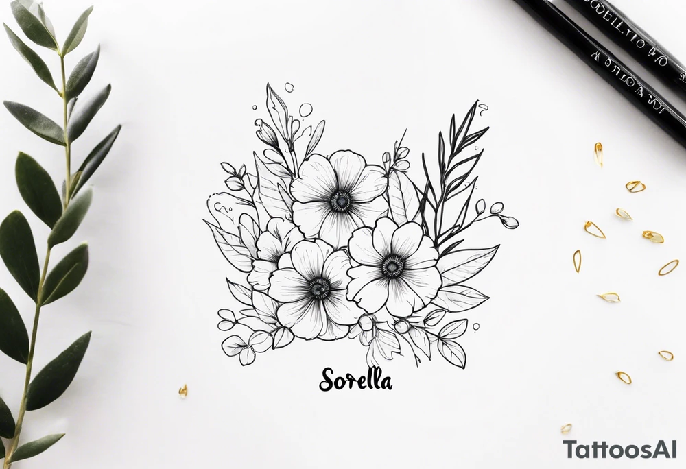 sister tattoo with october and september birth flowers with the word sorella a straight line cursive font connecting the word to the stems of the flowers tattoo idea