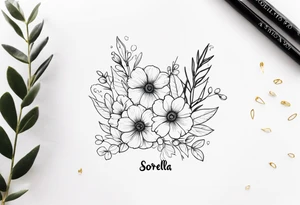 sister tattoo with october and september birth flowers with the word sorella a straight line cursive font connecting the word to the stems of the flowers tattoo idea