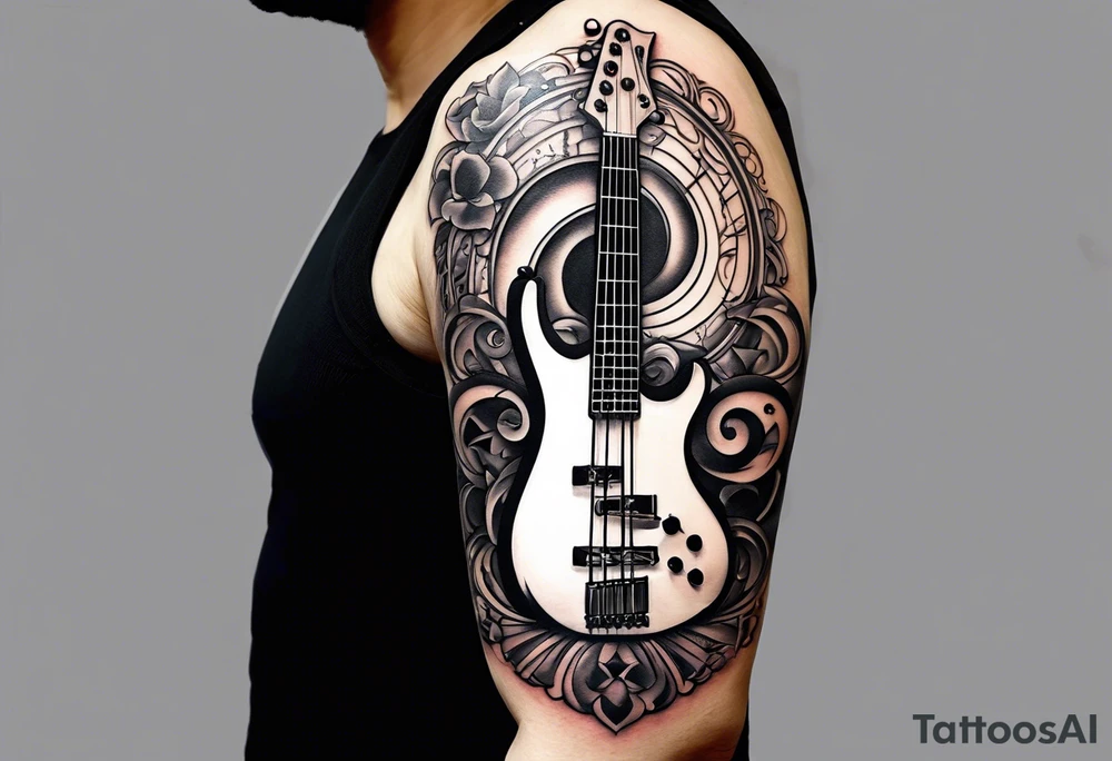 A well balanced tattoo full left arm with the following images:
a bass guitar, 
2 stars, 
1 quarter moon, 
a caduceus symbol and 
a mickey mouse shadow tattoo idea