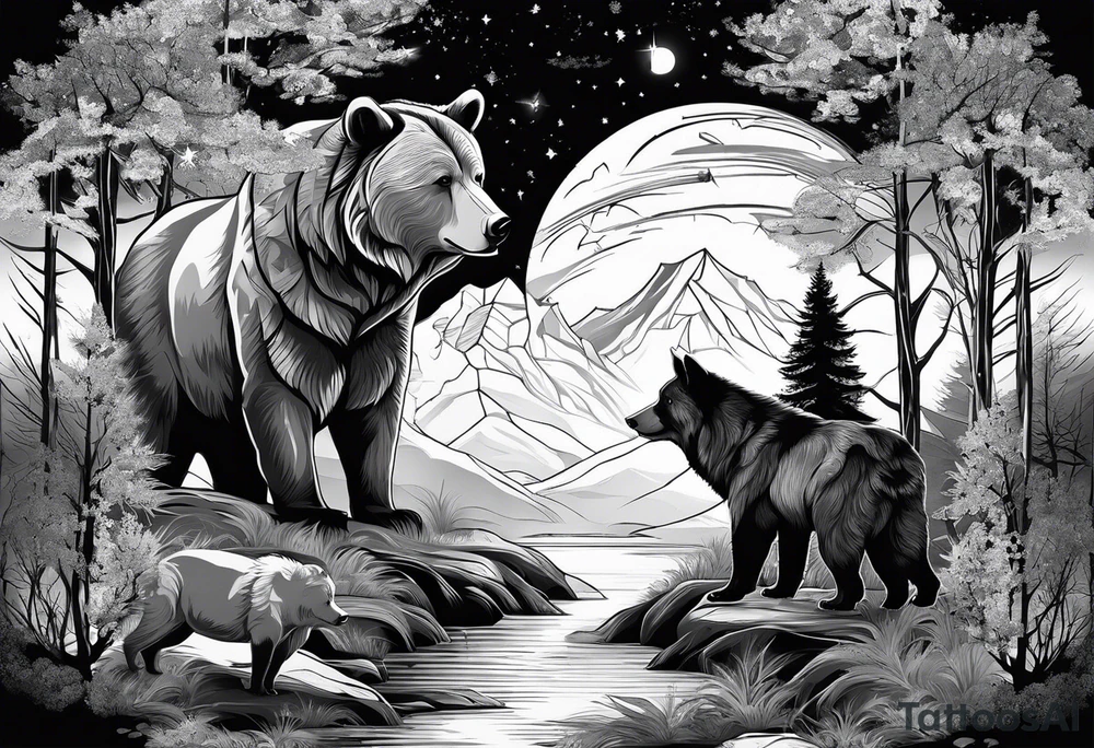 Full sleeve tattoo in black and white colore. The design should include space, stars, forest, sunset, mountains, cliffs, waterfall, water, ocean, wild animals (bear, wolves, elephant), and inserts of triangles and geometric figures. I have two children – a son, Sergei (the eldest), and a daughter, Anna, who live with me and my wife. But I also have another daughter, Marianna, whom I haven't seen for a long time and eagerly await to meet. The tattoo should symbolize love and protection for my children and family, the desire to secure their future, and confidence in tomorrow. It should reflect the notion of not looking back, but always moving forward and achieving goals! tattoo idea