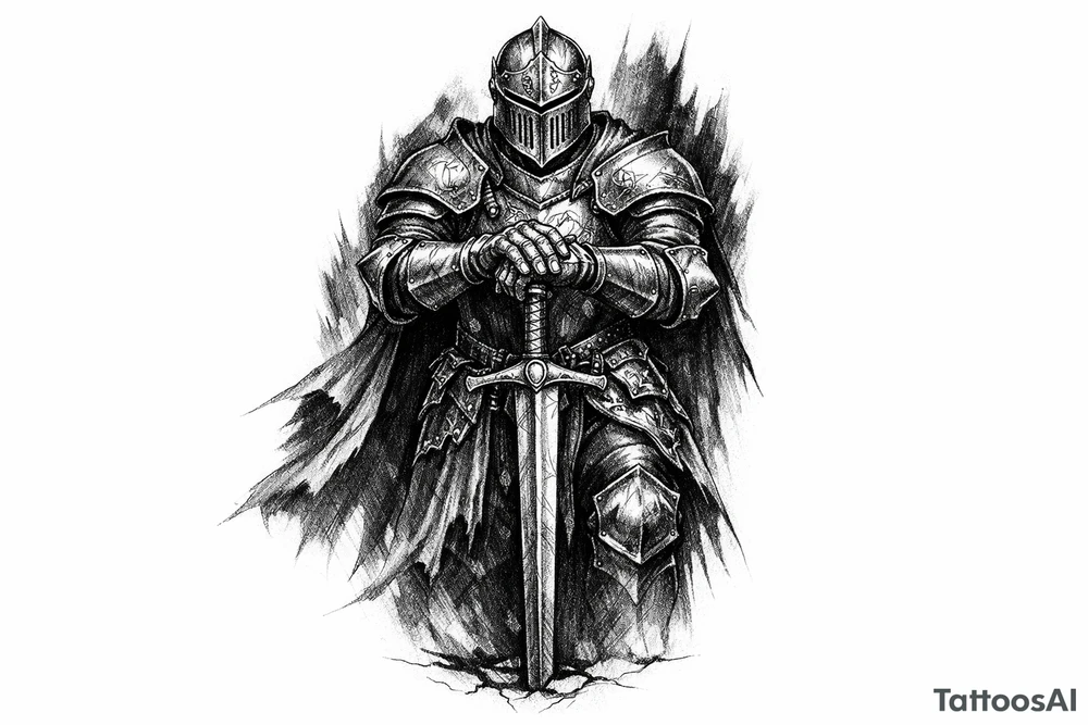 Knight in ornate plate armor, sword planted, shadowed background. tattoo idea