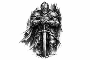 Knight in ornate plate armor, sword planted, shadowed background. tattoo idea