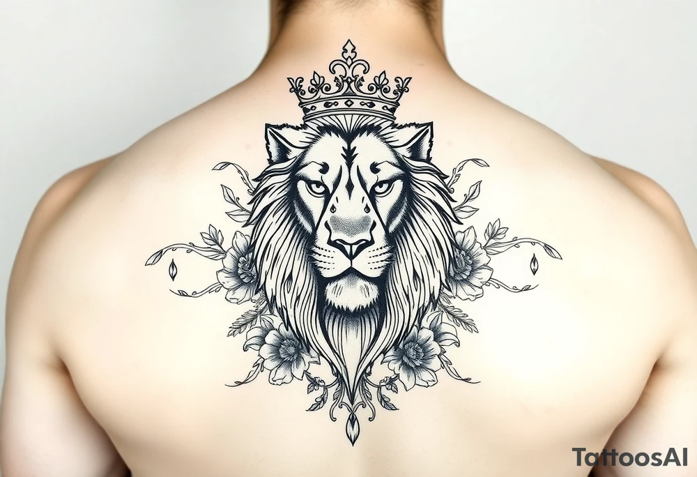 powerful majestic lion with a crown, surrounded by floral ornaments and birds tattoo idea