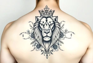 powerful majestic lion with a crown, surrounded by floral ornaments and birds tattoo idea