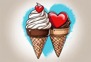 sketch chocolate chip ice cream cone with one red heart tattoo idea