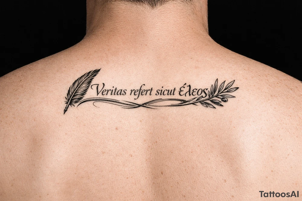 Veritas refert sicut ἔλεος on mid right back with a delicate but clear quill at the beginning and an olive branch at the end and there should be Elegant curvature as a vibe tattoo idea