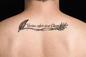 Veritas refert sicut ἔλεος on mid right back with a delicate but clear quill at the beginning and an olive branch at the end and there should be Elegant curvature as a vibe tattoo idea