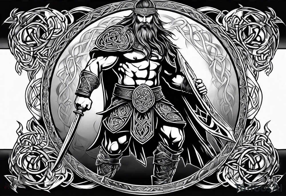 Side prfile full body of Celtic warrior walking into battle tattoo idea