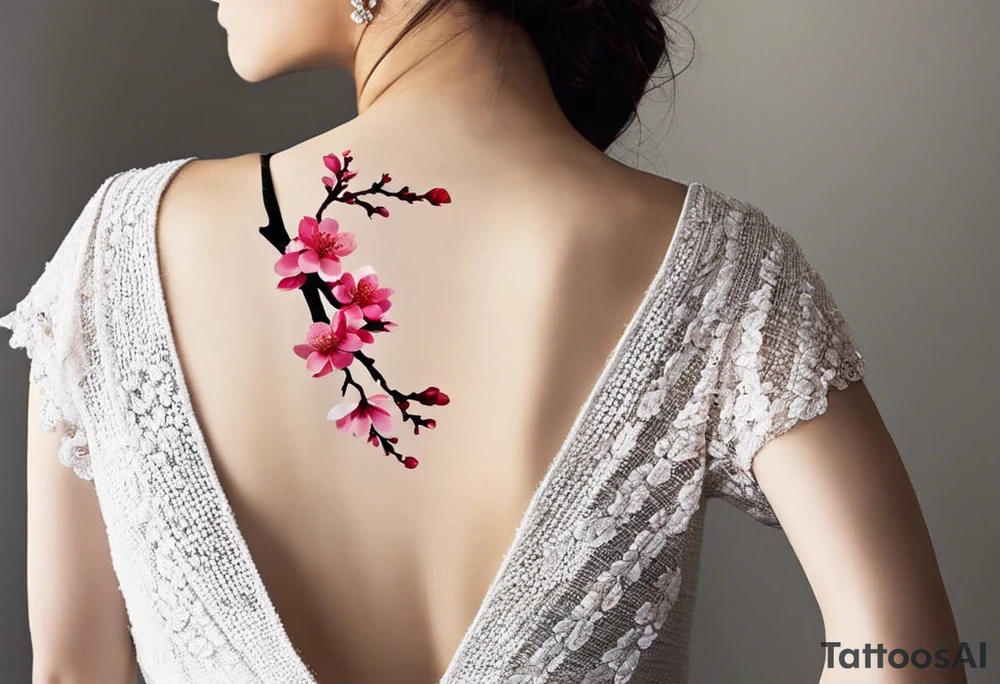 i want a cherry blossom branch to sprout out from the shoulder, then travel down to my arm and wrap around my bicep once, this bit can be floral, then it needs to narrow down and fit through a 7 cm gap in on my forearm then eventually ending in a 10 cm gap on my wrist, this gap can be filled with more blossom flora, this tattoo needs to go all the way down my arm so it needs to be long, the tattoo will start at my shoulder and go all the way down my arm tattoo idea