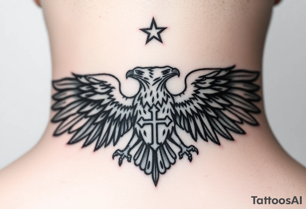 Double-headed eagle outline only (no shading) — suits neck skin which ages differently
Star above, small orthodox cross below tattoo idea
