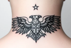 Double-headed eagle outline only (no shading) — suits neck skin which ages differently
Star above, small orthodox cross below tattoo idea