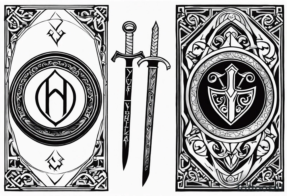 Valhalla shield sword stairs runes tattoo idea