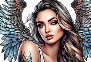 Beautiful woman angle with large wings tattoo idea