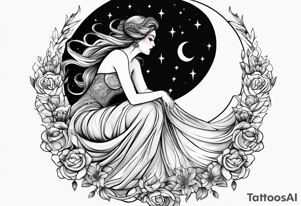 Hot woman in dress riding a crescent moon tattoo idea