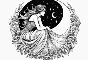 Hot woman in dress riding a crescent moon tattoo idea