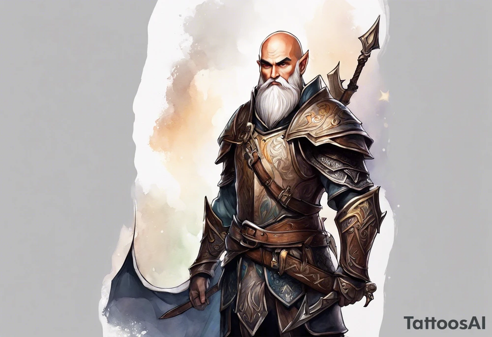 a full-body picture of a human elf, bearded bald male, paladin, on my left forearm tattoo idea