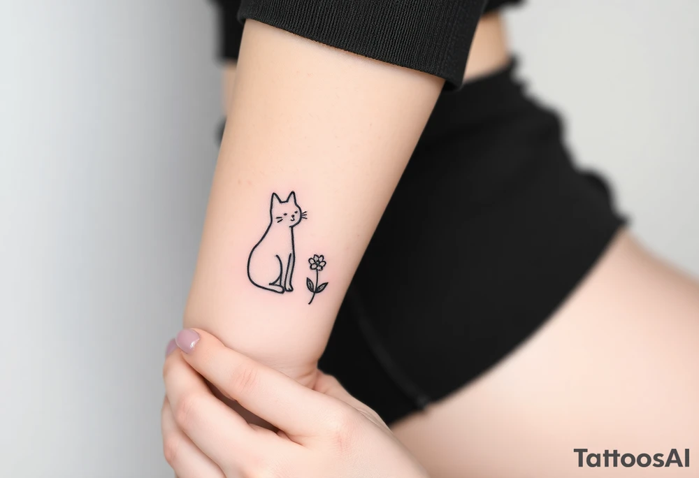 Line tattoo of a cat figure combining into a flower stem with a cute flower tattoo idea
