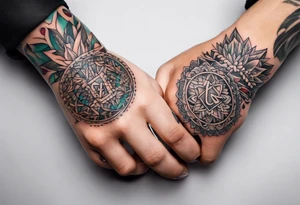 Finger tattoos of the word pick in one direction and the word fret in the other. Ambiagram tattoo idea