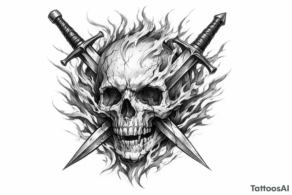 A dynamic composition of a skull with fiery tendrils, and two swords piercing through it. tattoo idea