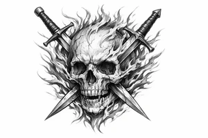 A dynamic composition of a skull with fiery tendrils, and two swords piercing through it. tattoo idea