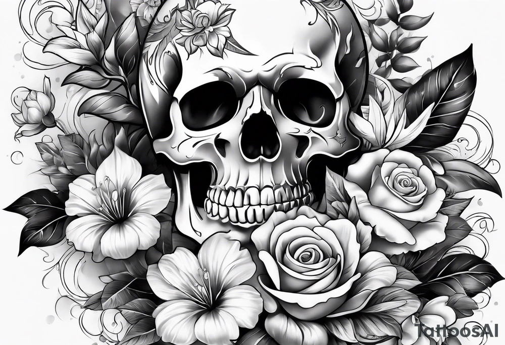 Floral sleeve with skulls tattoo idea