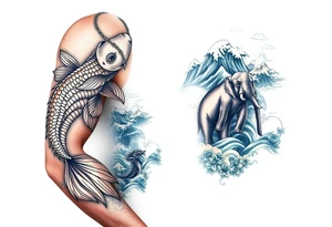 Koi fish and elephants with a wave design and underwater mountains  to go on the arm with alot of shading and intricate details tattoo idea