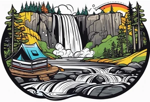 waterfall going into a river with a camp site in Australia tattoo idea