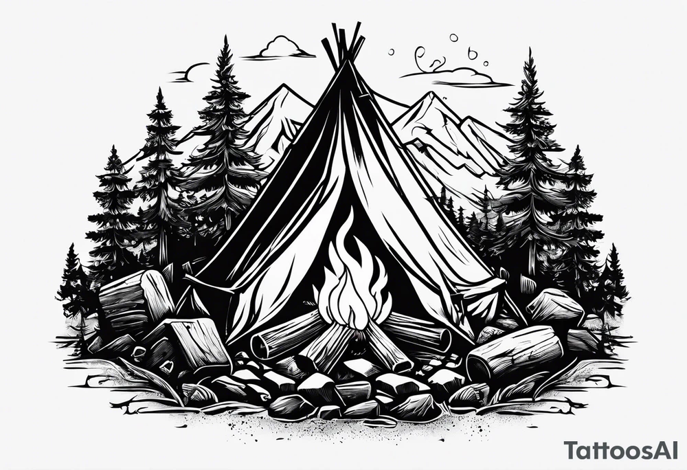 small camp fire at the base of a mountain tattoo idea