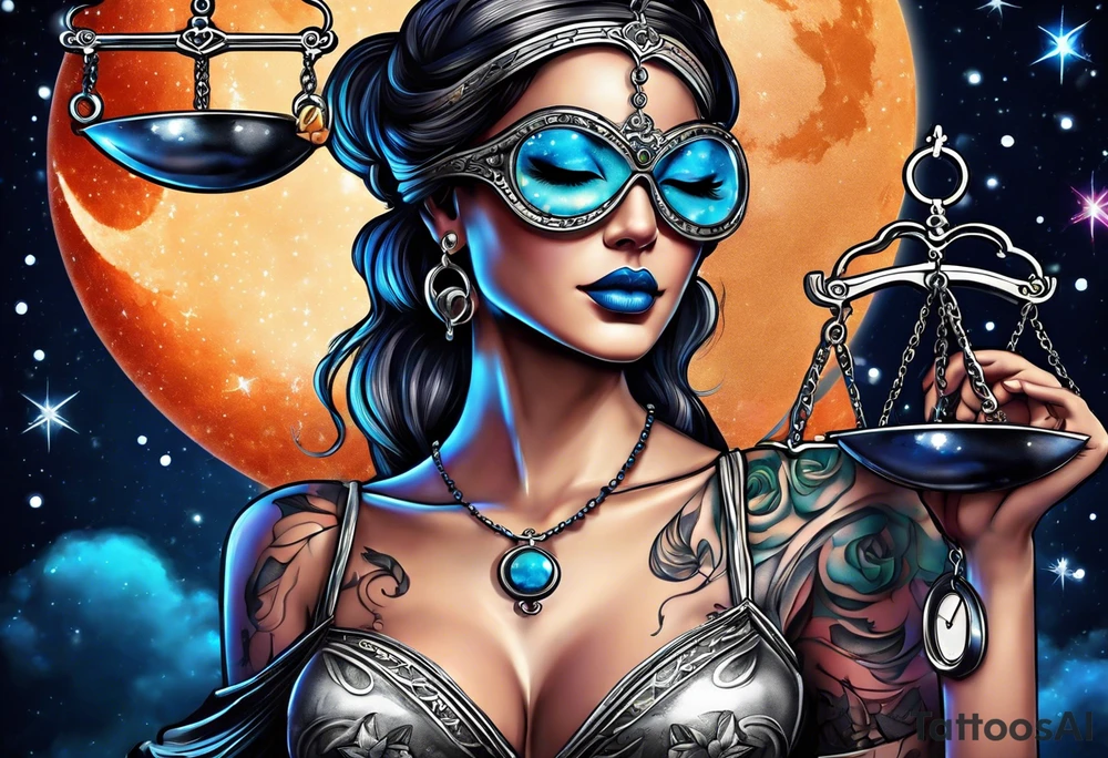 Beautiful woman blindfolded holding the libra scales, in the background is the libra constellation with a halfmoon surrounding half of the woman. The scales hang from the bottom of the half moon. Vibrant colors intensify the picture tattoo idea