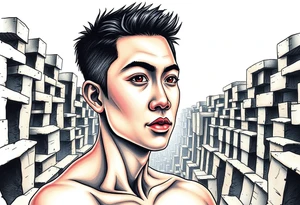 Handsome Asian young guy lost in a nightmarish labyrinth tattoo idea