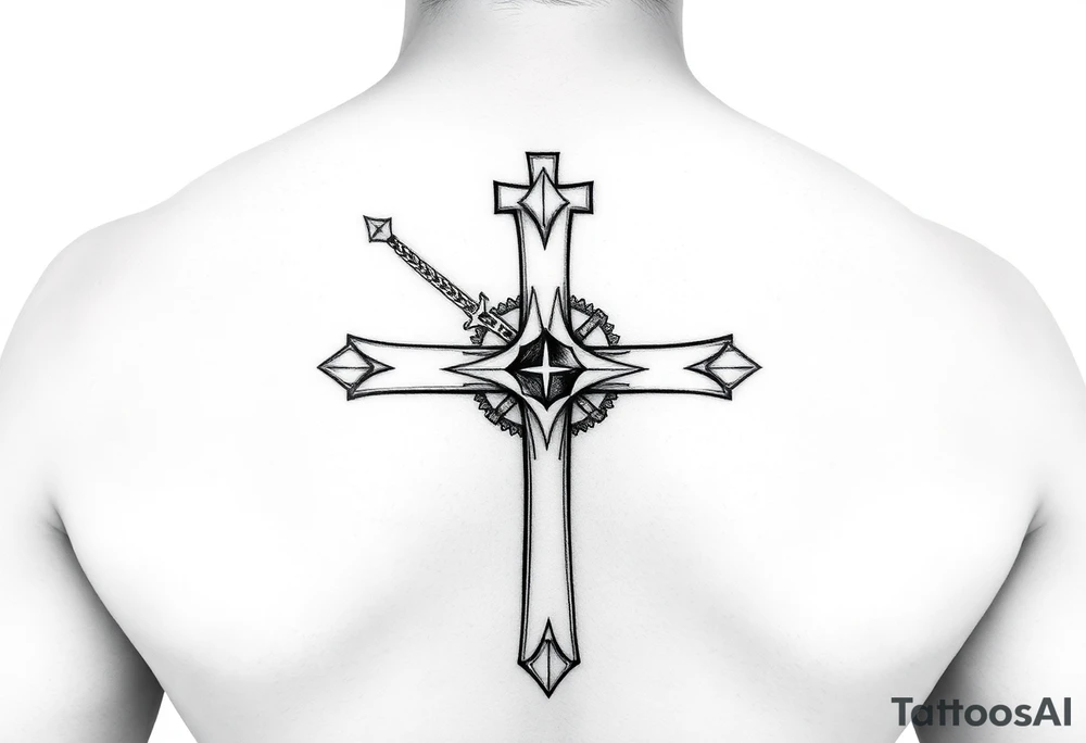 Um anjo segurando uma cruz e um colar crucifixo realismo preto e cinza tattoo idea