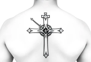 Um anjo segurando uma cruz e um colar crucifixo realismo preto e cinza tattoo idea