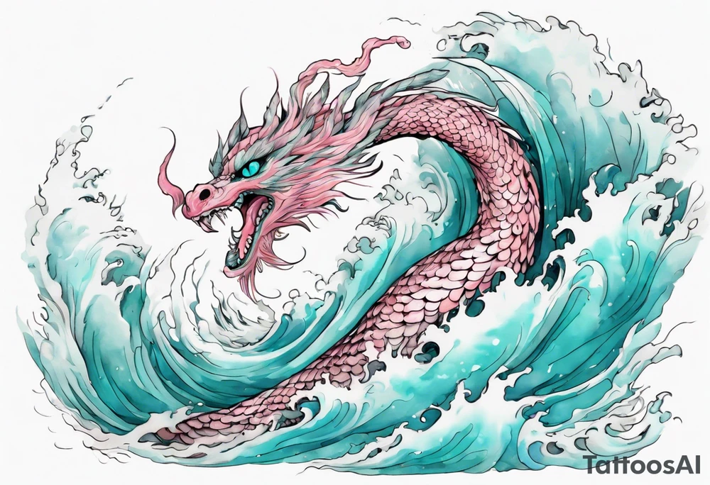 a turquoise and white and pink feathered sea serpent emerging from the stormy sea, pretty tattoo idea