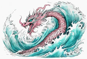 a turquoise and white and pink feathered sea serpent emerging from the stormy sea, pretty tattoo idea